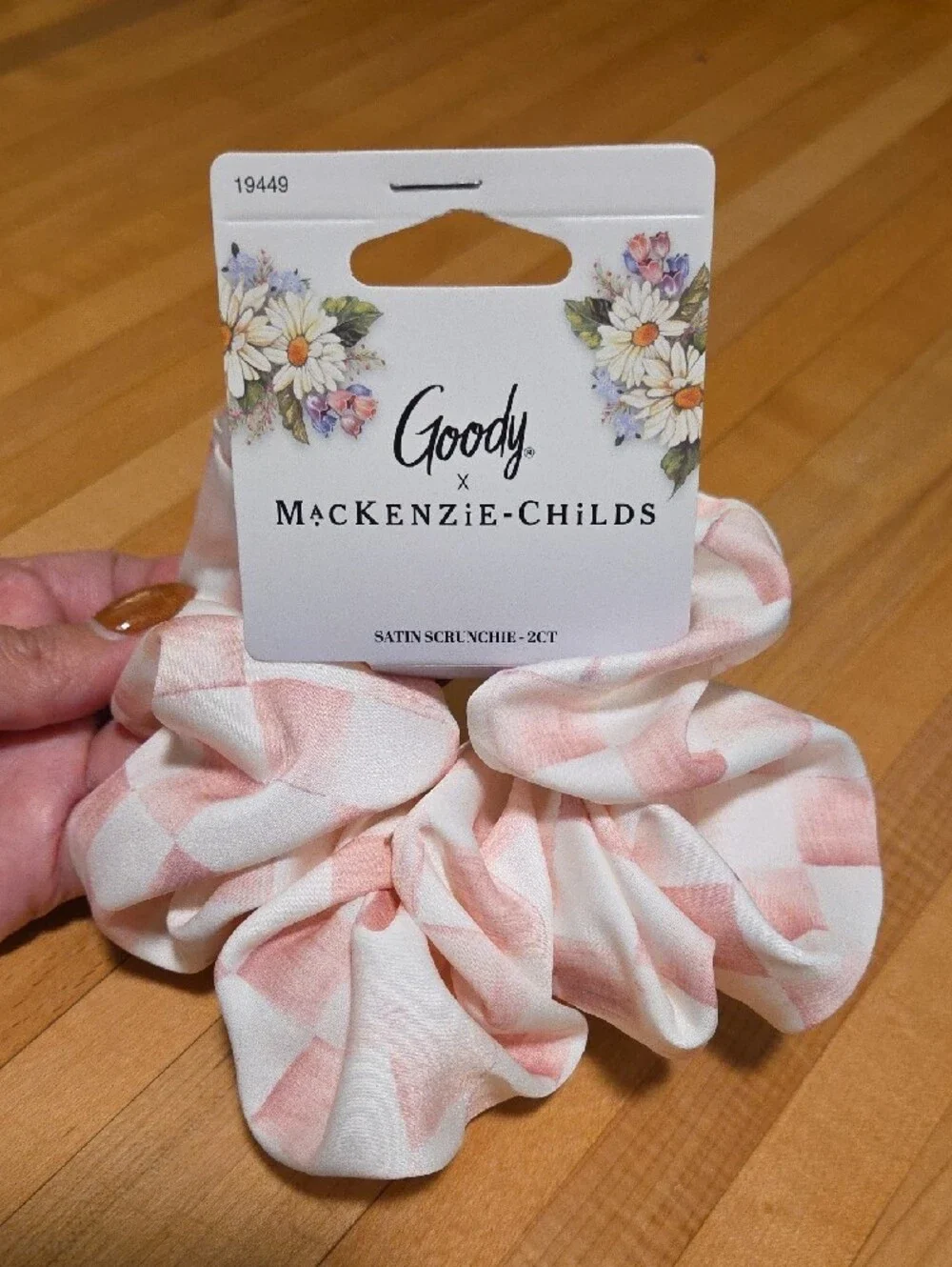MacKenzie-Childs Pink and White Checker Satin Hair Scrunchie